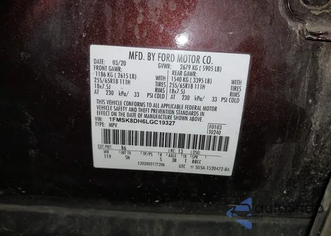 2020 Ford Explorer Xlt z USA, uszkodzony, nr VIN 1FMSK8DH6LGC19327